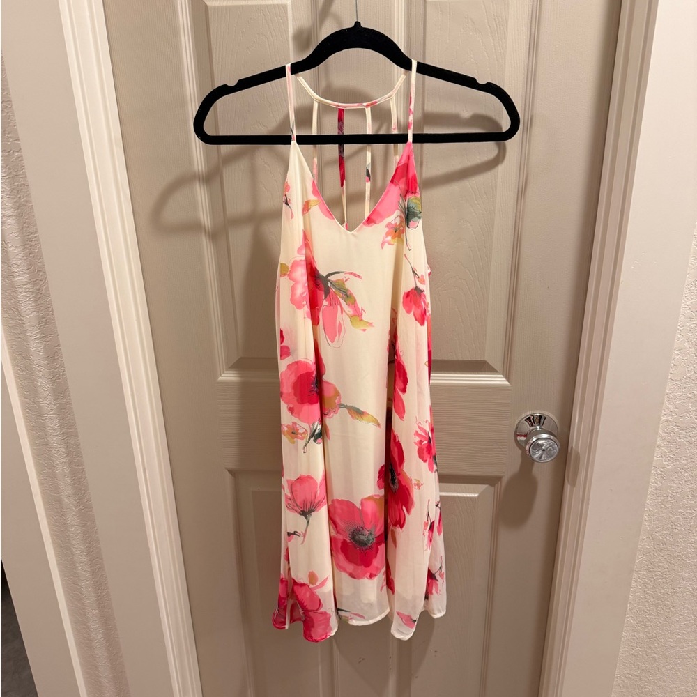 Cream Floral Dress with Pink & Red Blooms